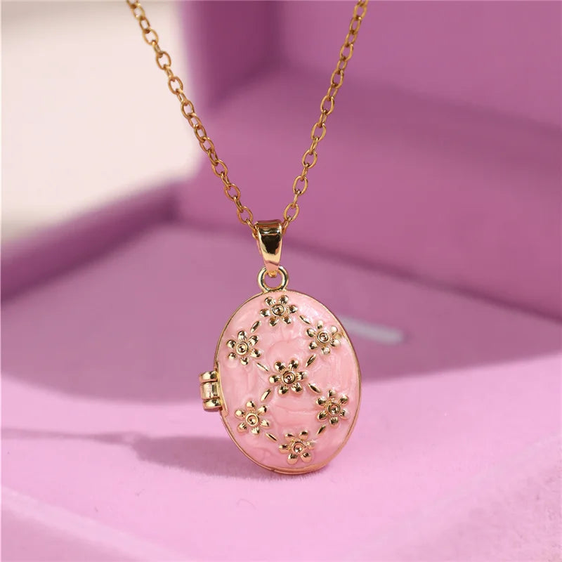 HangZhi Enamel Romantic Pink White Pearl Flower Oval Photo Frame Locket Necklace Vintage Keepsake Jewelry Gift for Women