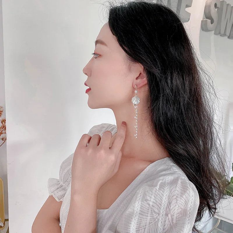 Trendy Temperament Long Pearls No Hole Clip Earrings Imitation Pearl Shell Tassel Long Clip on Earrings on Pierced Ears Women