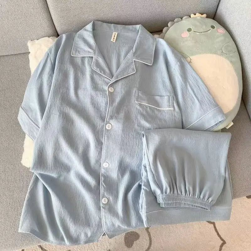 Youth Men's Slim Fit New Pajama Set Solid Color Short Sleeve Lapel Top and Elastic Shorts Pajamas Summer Loungewear Sleepwear