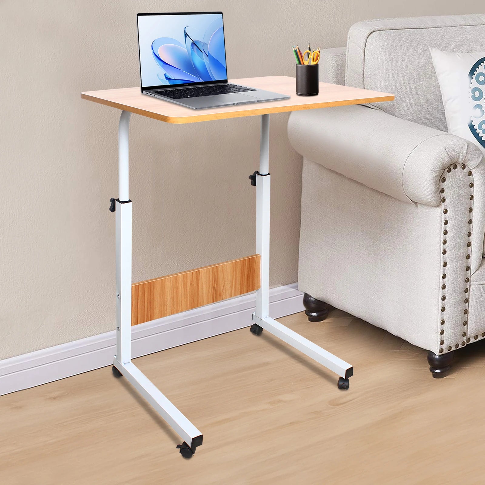 Mobile Laptop Desk 60*40cm Mdf Adjustable Bedside Desk Height Rolling Computer Table with Lockable Wheel for Home Bedroom Dormitory