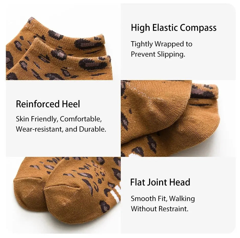 5 Pairs of Women's Seasonal Fashionable and Trendy Leopard Print Cotton Sweat-absorbing and Comfortable Sports Low Top Socks