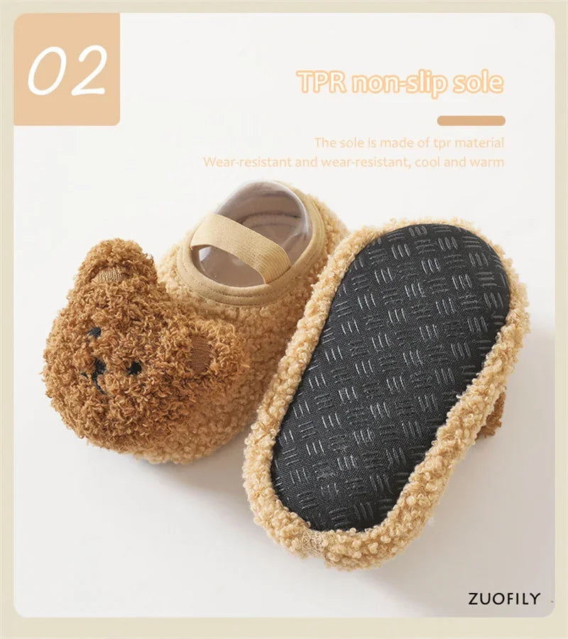 Cartoon Bear Baby Shoes Winter Thick Warm Newborn Shoes Non-slip Soled Soft Plush Toddler Kids Boy Girls Infant First Walkers