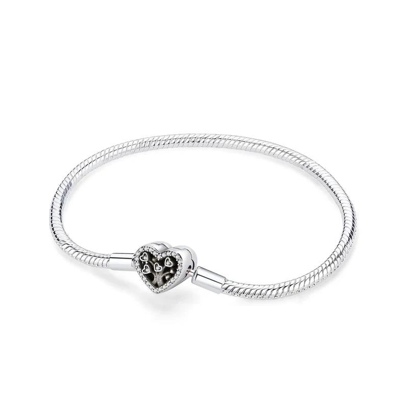 Original 925 Sterling Silver Bracelets Bangles Love Heart Clip Charms Beads Snake Chains For Women Rose Gold DIY Luxury Jewelry