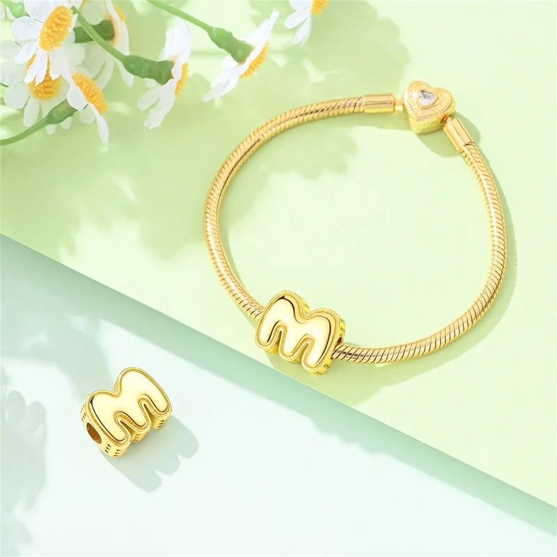 New Hot Sales 925 Sterling Silver 26 Golden Letters Charms Bead Fit Original Bracelet DIY Women Birthday Jewelry Gifts