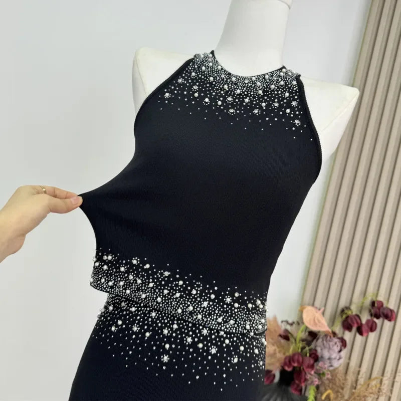 Womem Nail Bead Top + Short Skirt Two Piece Outfit Ensemble Femme High Quality French Luxury Diamonds Knitted 2 Piece Set