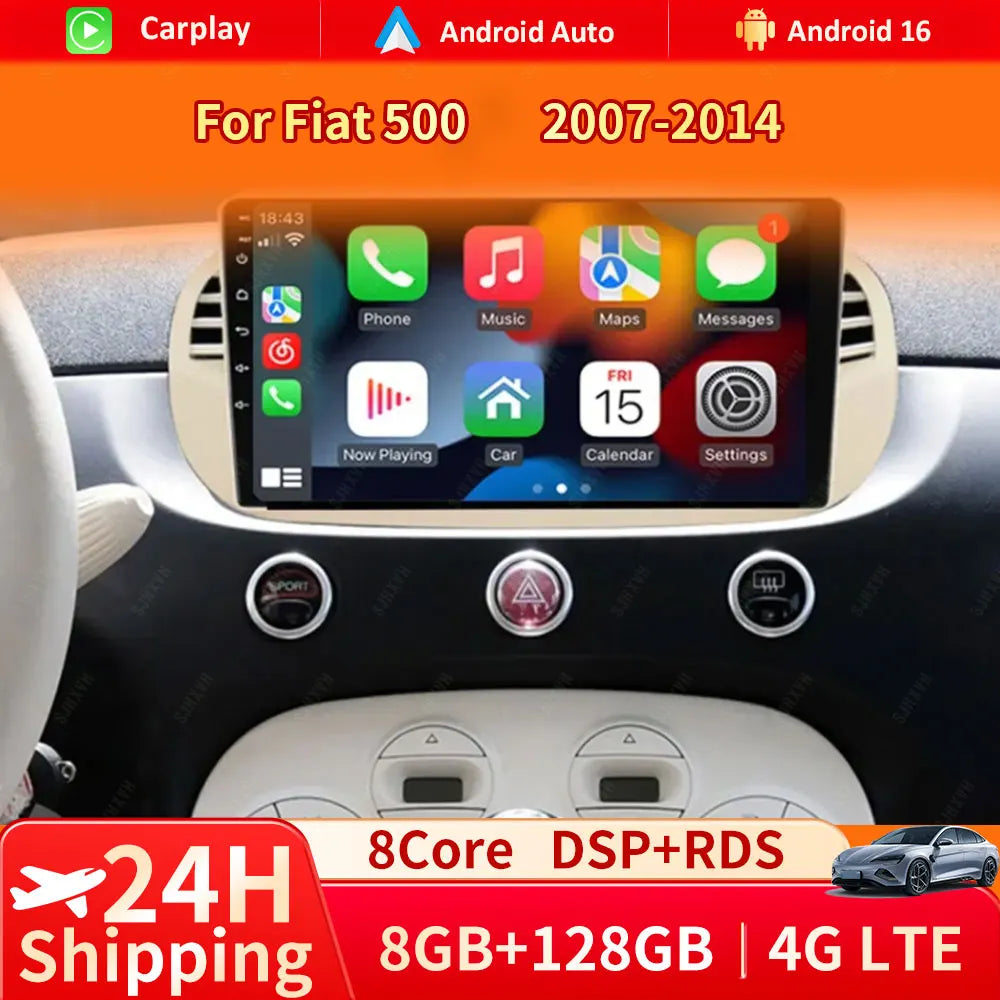 Car DVD Android 16 Radio Stereo For Fiat 500 2007-2015 Auto Multimedia Player GPS Navigation Head Unit High-Performance WIFI