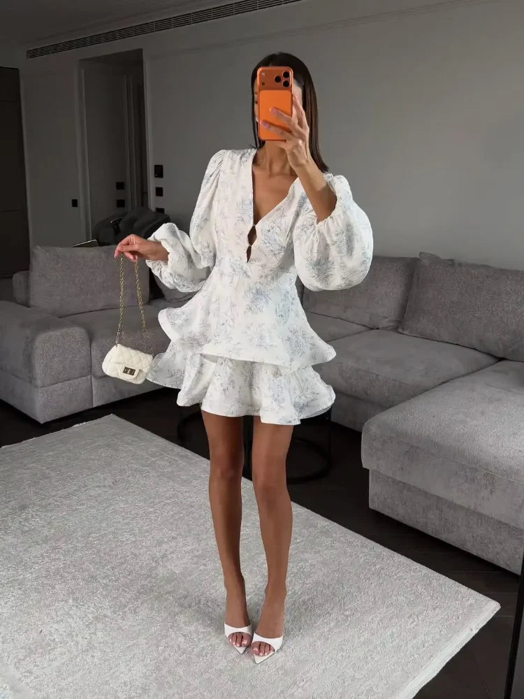 Women Floral Print Mini Dress V-neck Balloon Sleeve Keyhole Detail Tiered Ruffle Hem Dresses 2026 New Summer Holiday Party Gowns