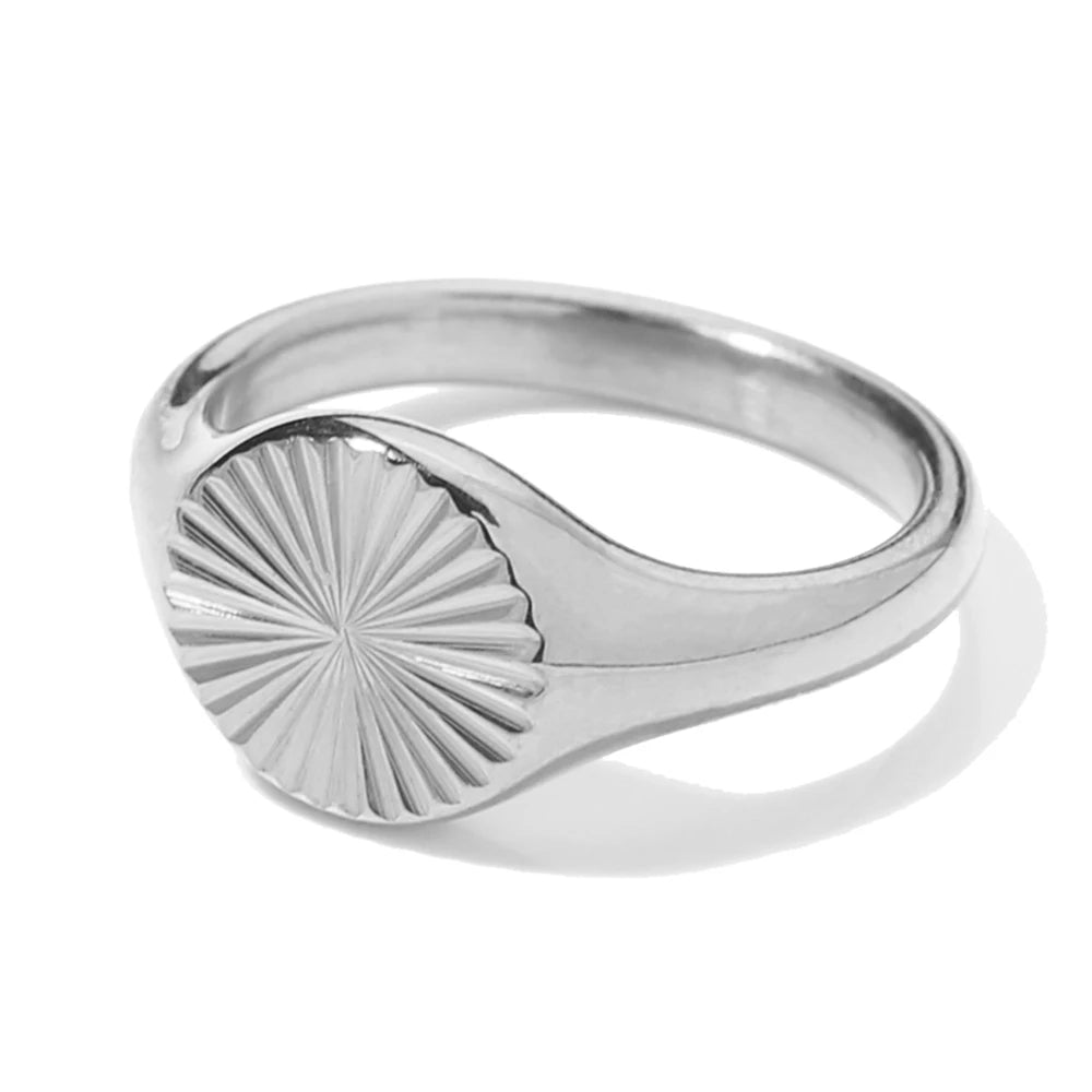 SUNIBI Stainless Steel Rings for Women Gold Color Do Not Fade Wave Rays Texture Signet Dainty Ladies Ring Jewelry Wholesale