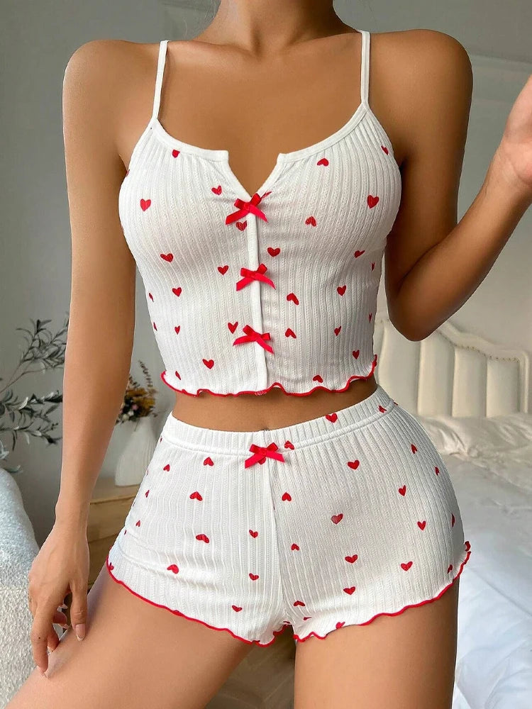 Sexy Sleepwear Women Pajamas Set Heart Print Silk Stain V-Neck Sleeveless Casual Cami Top and Shorts Sets Home Suit Loungewear