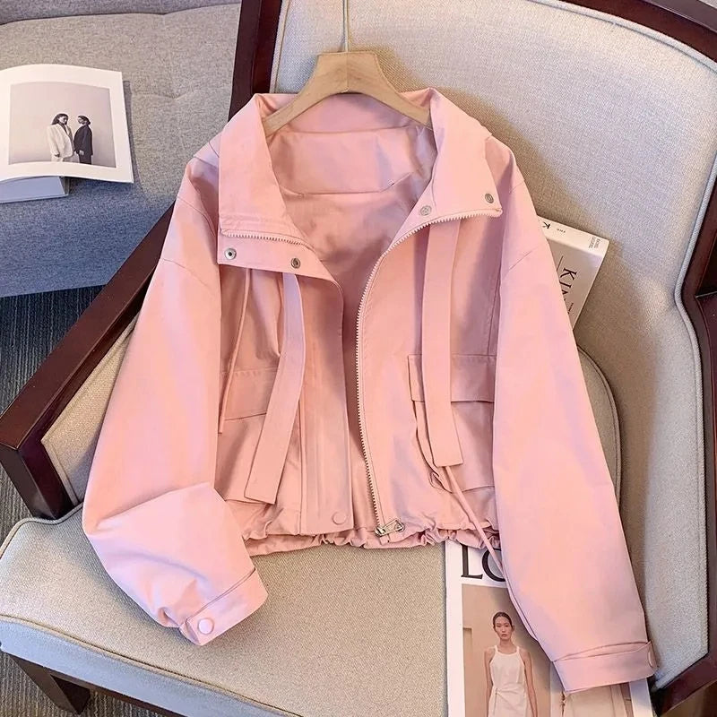 Short Hooded Jacket Women's Spring Autumn 2026 New Lady Loose Thin Work Jacket Top Solid Casual Student Zipper Outwear