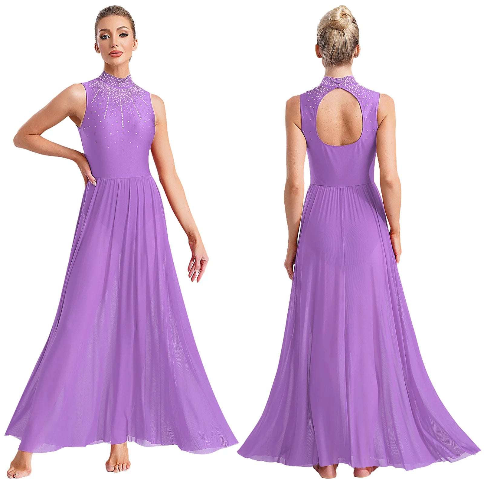 Womens Ballet Lyrical Dance Dress Cutout Back Full Length Overlay Leotard Costume Latin Rumba Tango Maxi Dress Long Dancewear