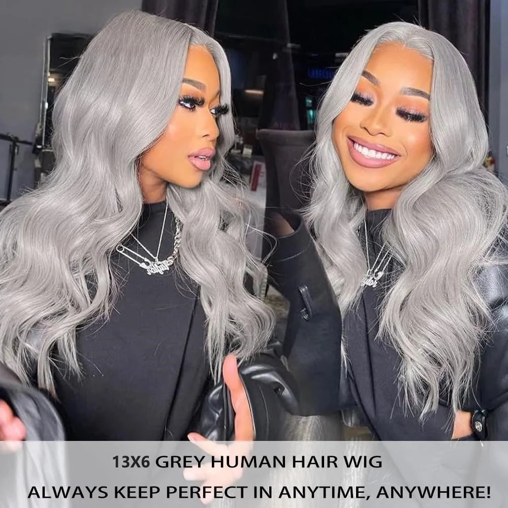 Silver Grey Brazilian Human Hair Wig 13X6 HD Transparent Lace Front Pre Plucked 28 32 Inch 200% Density Body Wave Wigs For Women