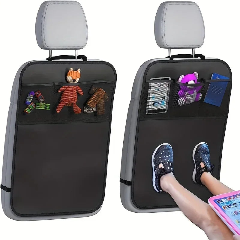 Waterproof Kick Mats Backseat Protector, Car Seat Back Protectors Black Seat Cover for Kids with 3 Pocket Storage Organizer,