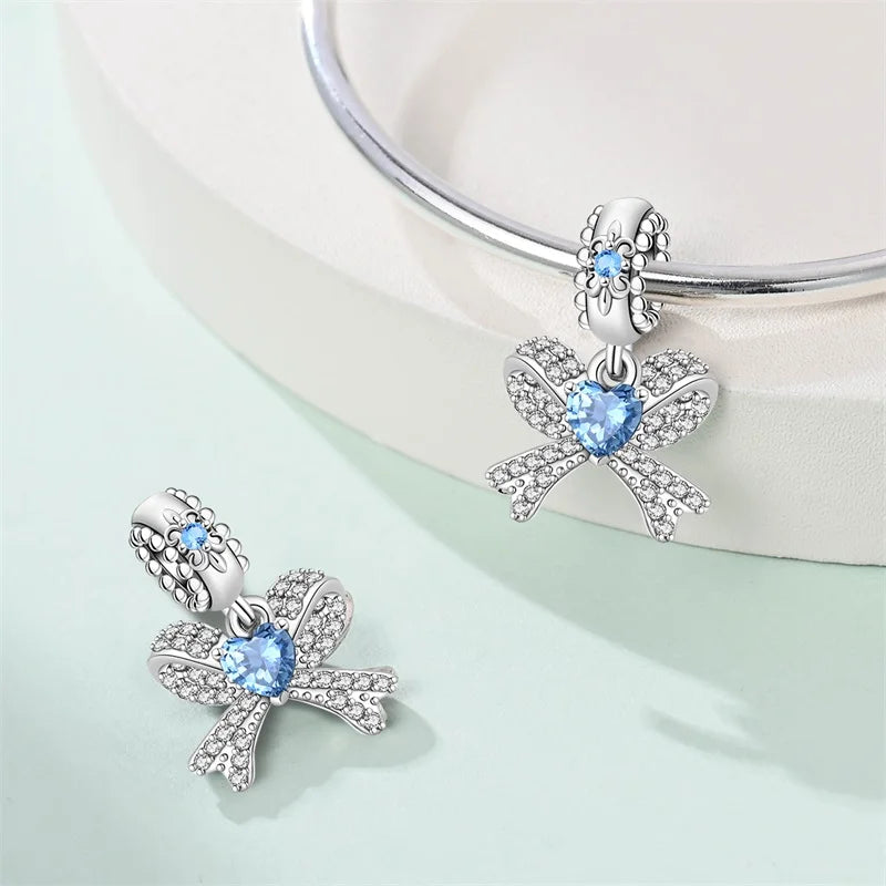 Silver Bow Charms 925 Sterling Silver Pink Heart-shaped Bow Pendants Charms Beads Fit Original S925 Bangle Bracelets DIY Jewelry