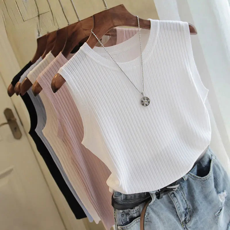 2026 Summer New Fashion Knitted Vests O-neck Sleeveless Casual Thin Tops Sleeveless Blouse Women Shirt