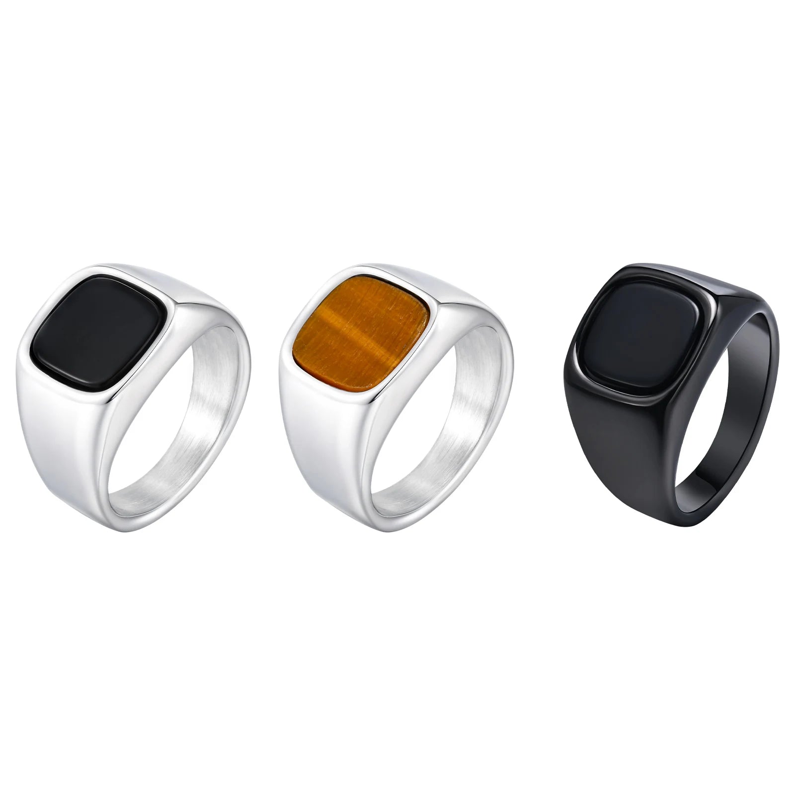 Men's High-Quality Stainless Steel Square Signet Ring with Black Glass And Natural Tiger Eye Stone - Fashion Classic Jewelry