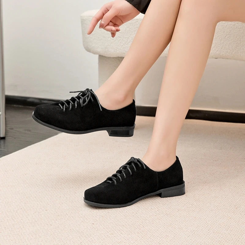 Women Loafer Lace-up 2025 New Spring Shoes Women Suede Genuine Leather Women Oxford Shoes Large Size British Style Women Shoes