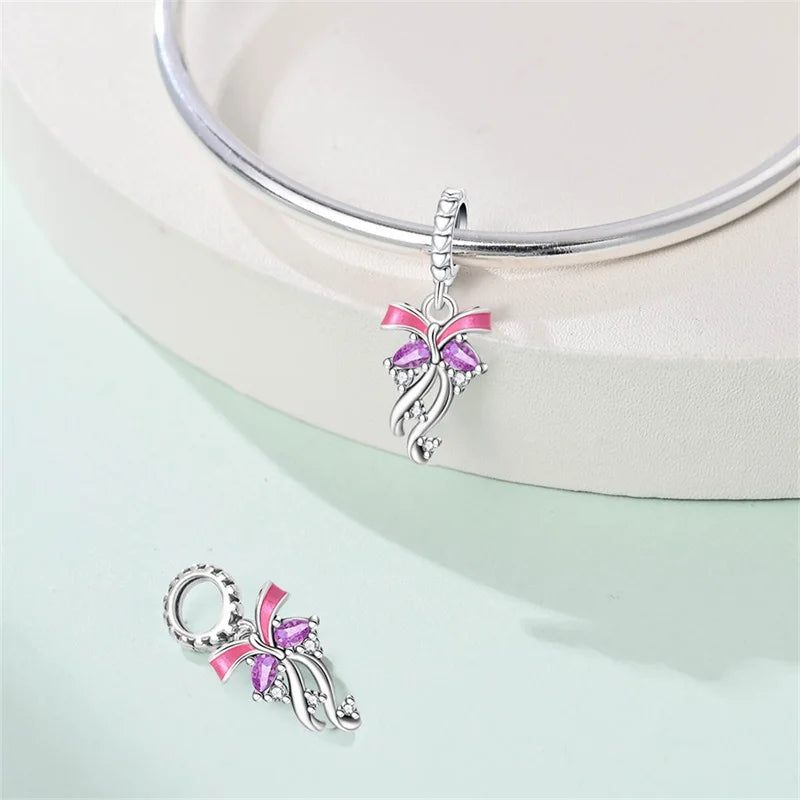 Silver Bow Charms 925 Sterling Silver Pink Heart-shaped Bow Pendants Charms Beads Fit Original S925 Bangle Bracelets DIY Jewelry