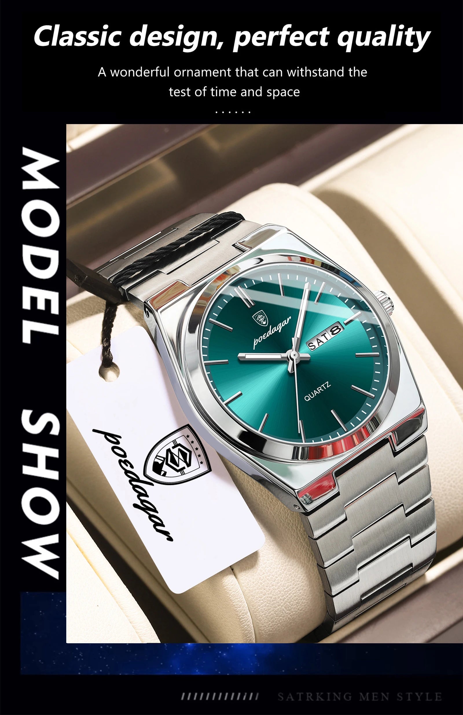 POEDAGAR Luxury Men's Watches Luminous Waterproof Stainless Steel Casual Men Clock Date Week Quartz Fashion Man Wristwatch Reloj