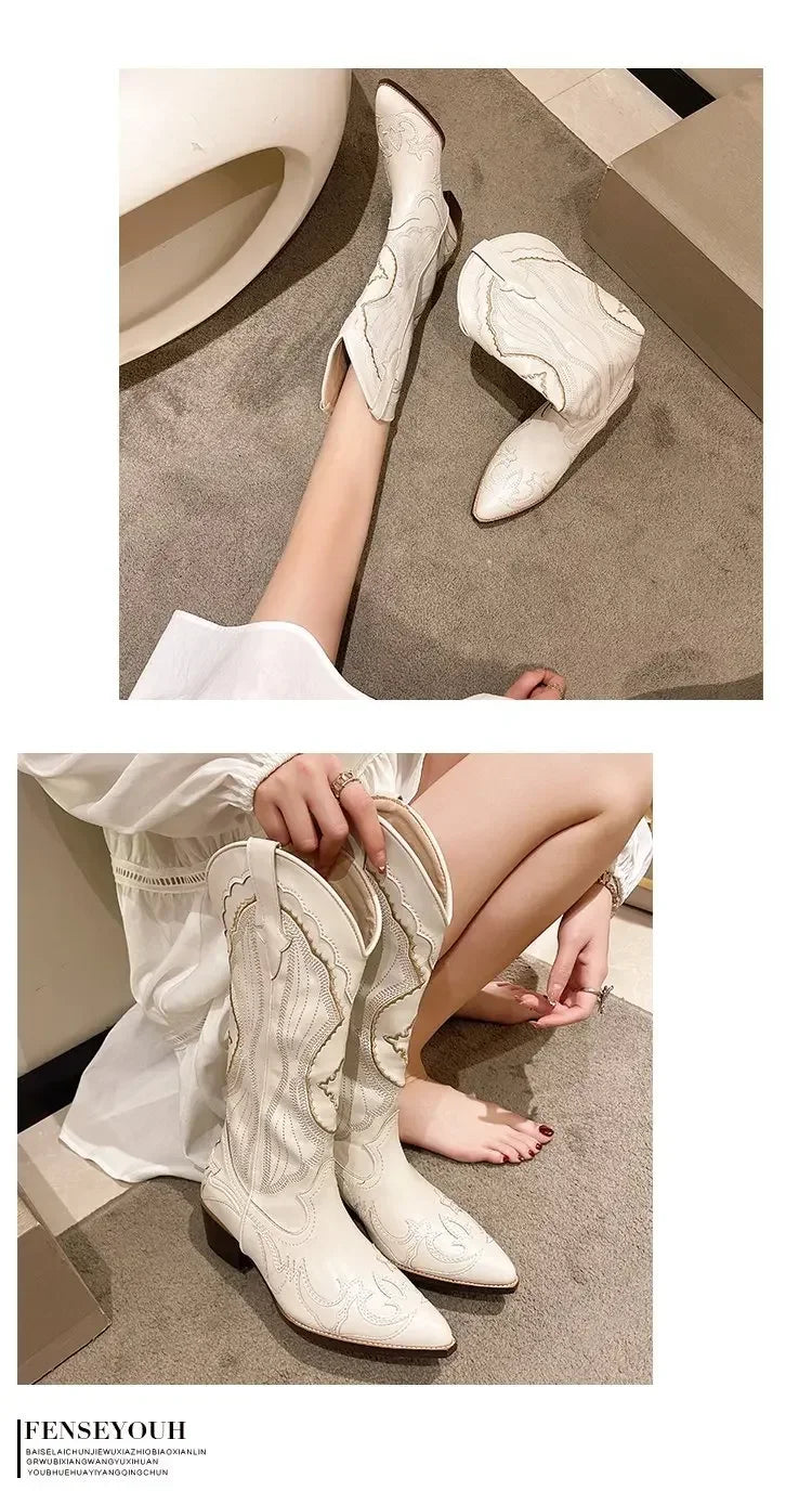 Vintage Square Head Thick Heel Cowboy Boot for Women Embroidered Western Cowboy Boots Side Zipper Shoes Autumn Pointed Boots