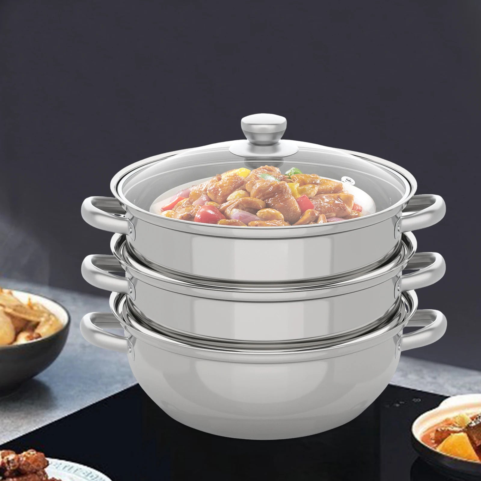 28CM Stainless Steel Steam Cooker Multi-Function 3 Tier Steamer Pot Cookware for Cooking Veg Meat Soups Seafood