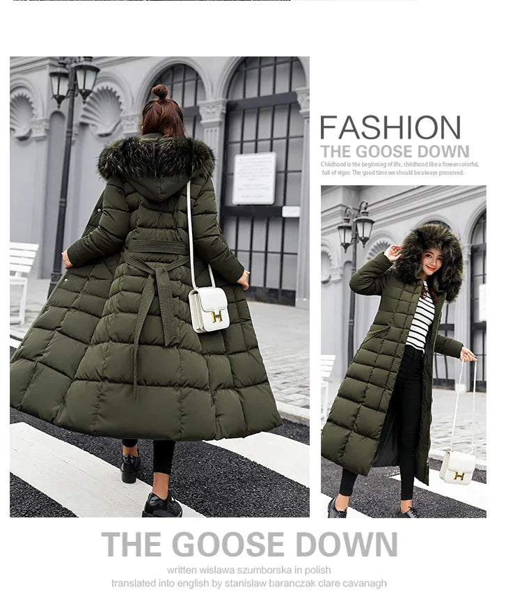 Long Down Cotton Parkas Coat Female New Winter Over Knee Loose Large Fur Collar Hooded Warm Thick Parkas Women  Padded Overcoat