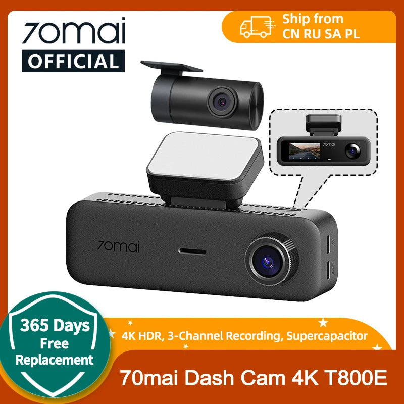 70mai t800e 3-Channel Front 4k + rear 1080p + interior 1080p HDR supercapacitor 24H parking GPS WiFi 6 70mai t800e voice control