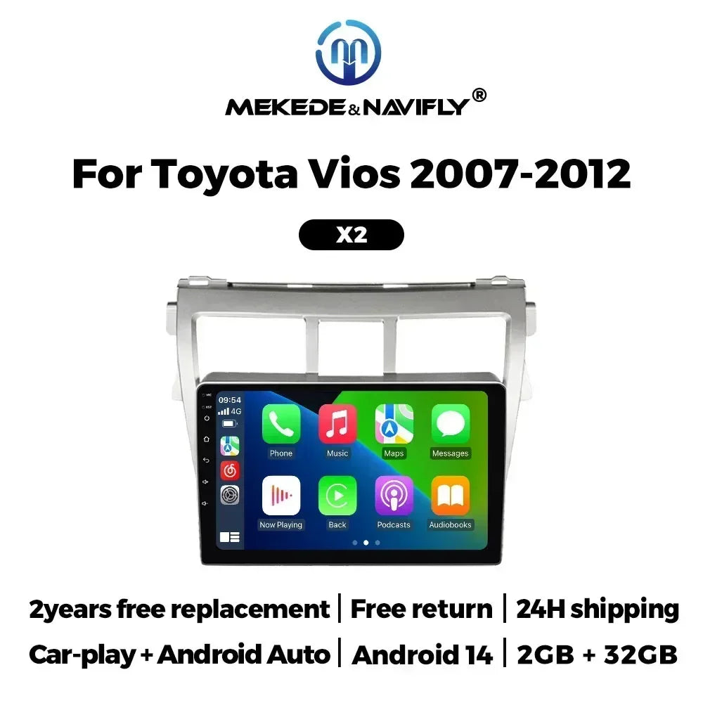 Wireless for CarPlay Android Auto Car Radio for Toyota VIOS Yaris 2007-2012 Video Multimedia Player GPS Stereo Head Unit BT WiFi
