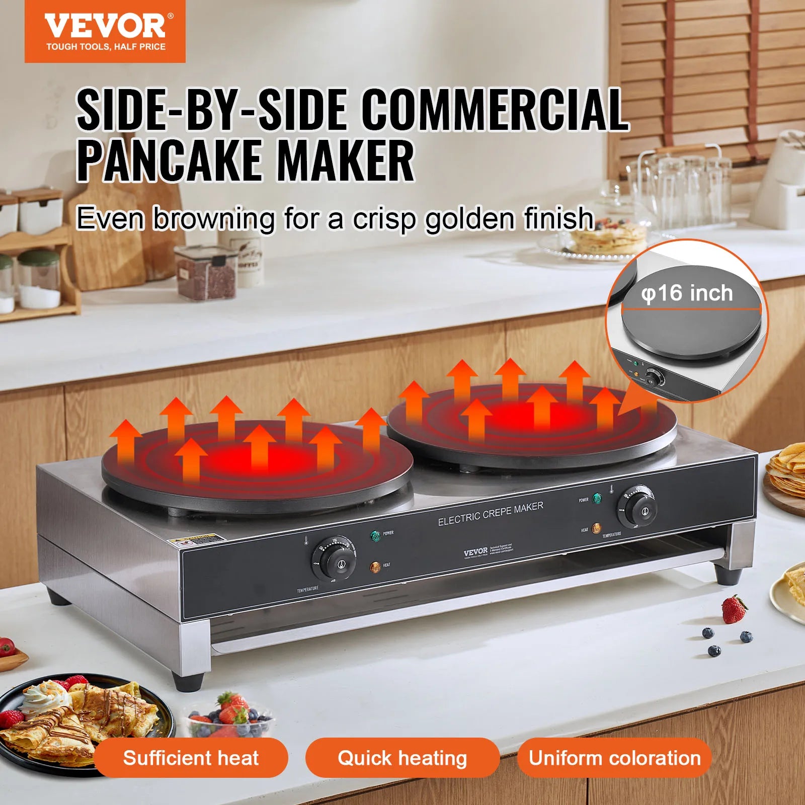 SucceBuy 16inch Electric Crepe Maker Double Head Commercial Crepe Machine 3400W Flat Plate Crepe Griddle Nonstick Pancake Stove