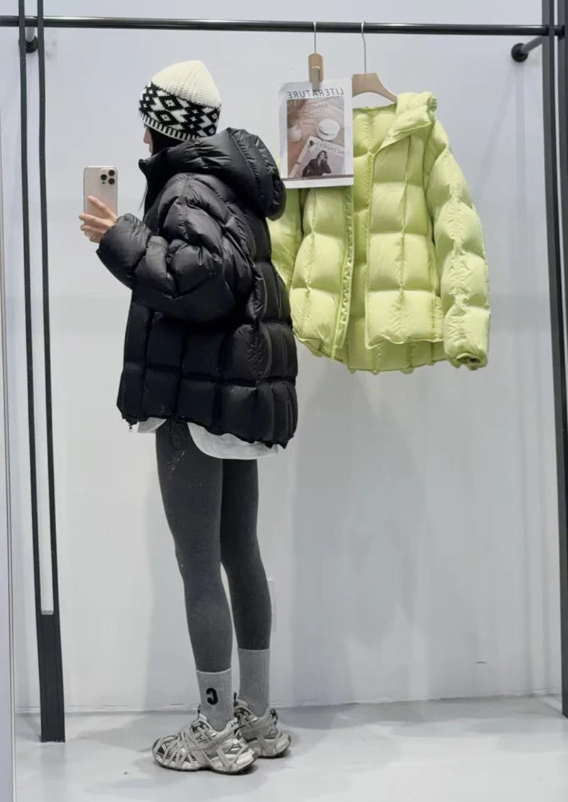 Schinteon Women Light White Down Jacket with Hood Loose Over Size Casual Autumn Winter Outwear Square Warm Short Coat 2026 New
