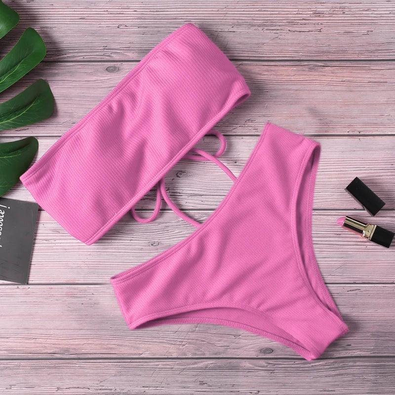 New Bikini High Waist Strapless Sexy Bikini Women Swimwear Women  Fashion Swimsuit Padded Bathing Suit Monokin Pure Color