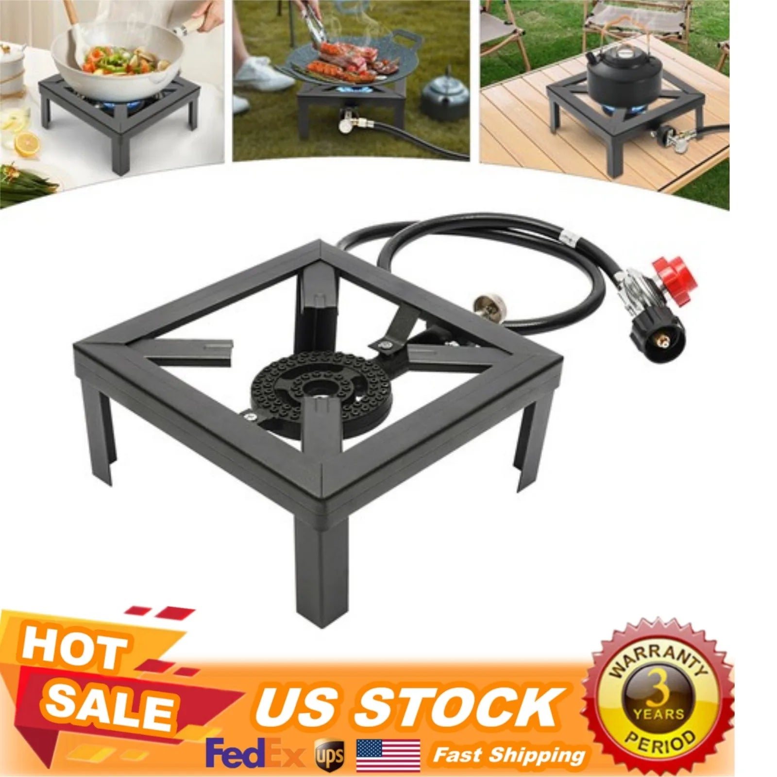 Outdoor Gas Stove Propane Cooker with Adjustable 0-10PSI，8000W Black Camping Portable Single Burner Stove