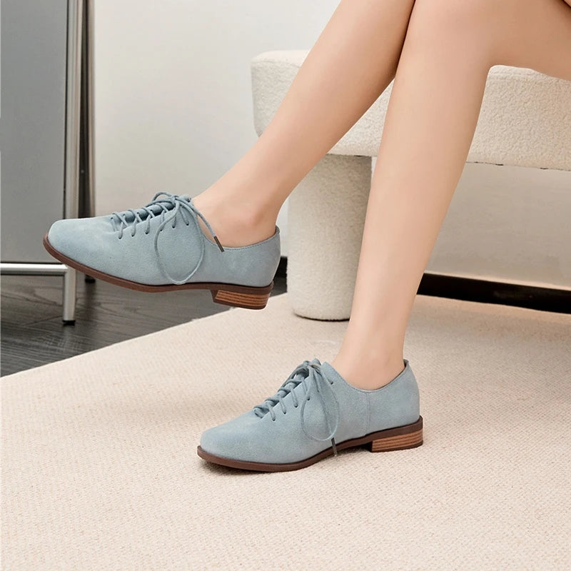Women Loafer Lace-up 2025 New Spring Shoes Women Suede Genuine Leather Women Oxford Shoes Large Size British Style Women Shoes