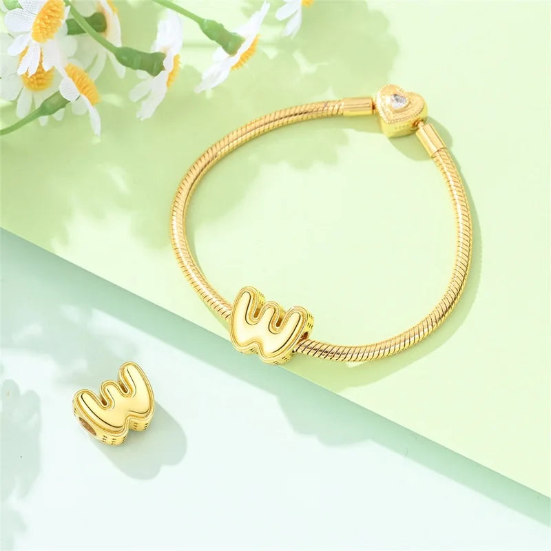 New Hot Sales 925 Sterling Silver 26 Golden Letters Charms Bead Fit Original Bracelet DIY Women Birthday Jewelry Gifts