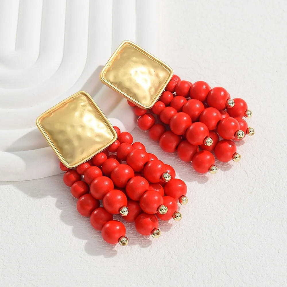 Vintage Handmade Wooden Drop Dangle Earrings Maxi Beaded Bohemian Statement Wedding Jewelry For Women brincos
