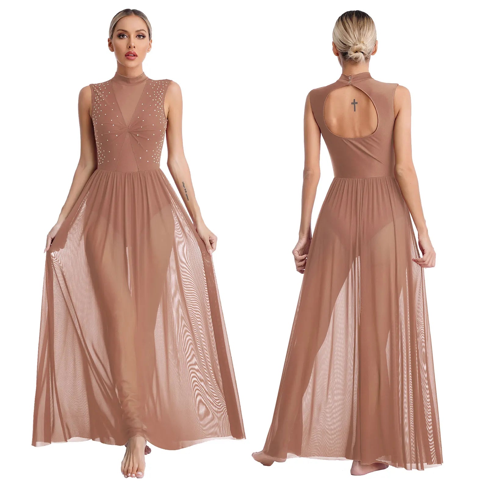 Womens Ballet Lyrical Dance Dress Cutout Back Full Length Overlay Leotard Costume Latin Rumba Tango Maxi Dress Long Dancewear