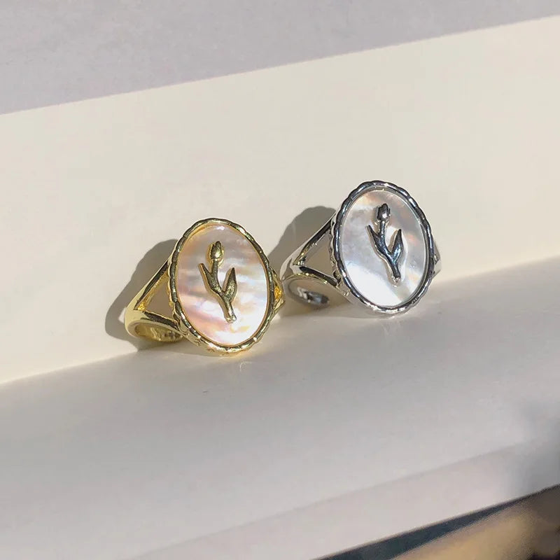 925 Sterling Silver Metal Flower Shell Geometric Rings For Women French Retro Romantic Open Thai