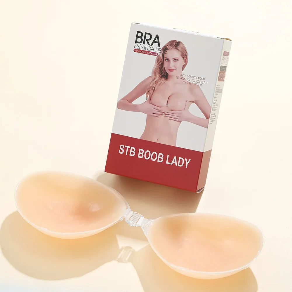 Reusable silicone bra with invisible gathering nipple straps for lifting and strapless sexy wedding dress party women's bra