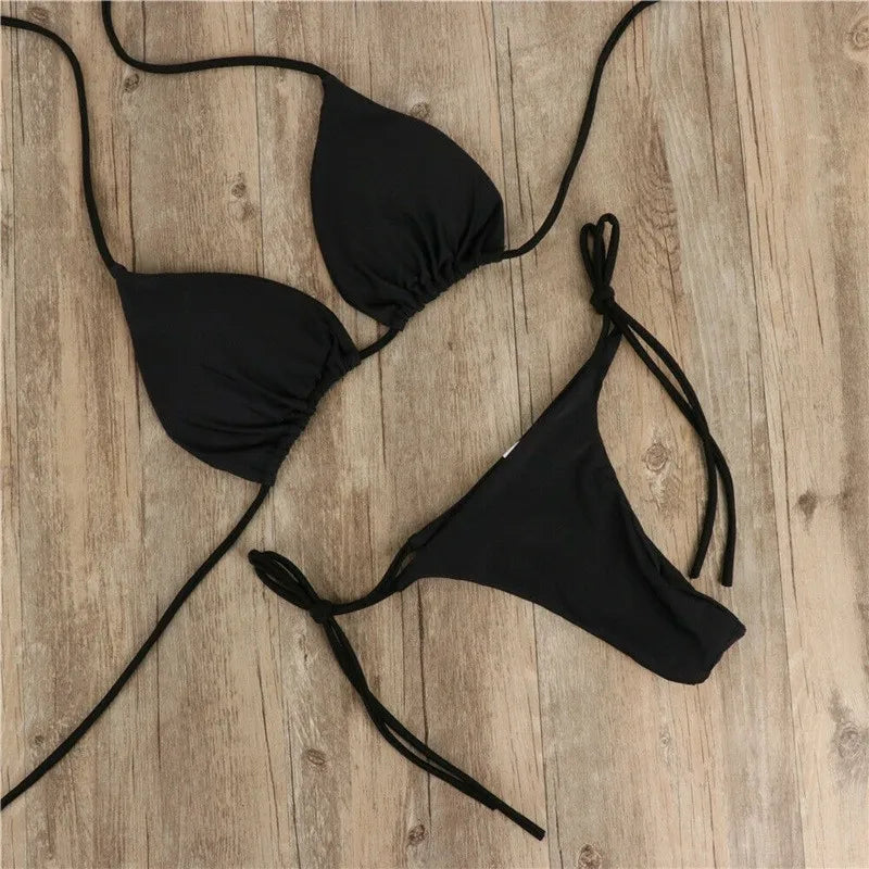 Women Triangle Bikini Set Halter Tie-Up Two Piece Swimsuit Thong Bottom Bathing Suit Beachwear