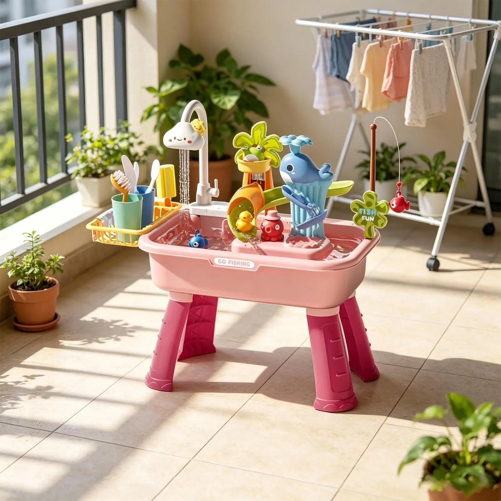 Kitchen Water table Sets with Pump,Tableware & Fishing Game for Kids,Children's Play Sink with Running Water & Electric Faucet