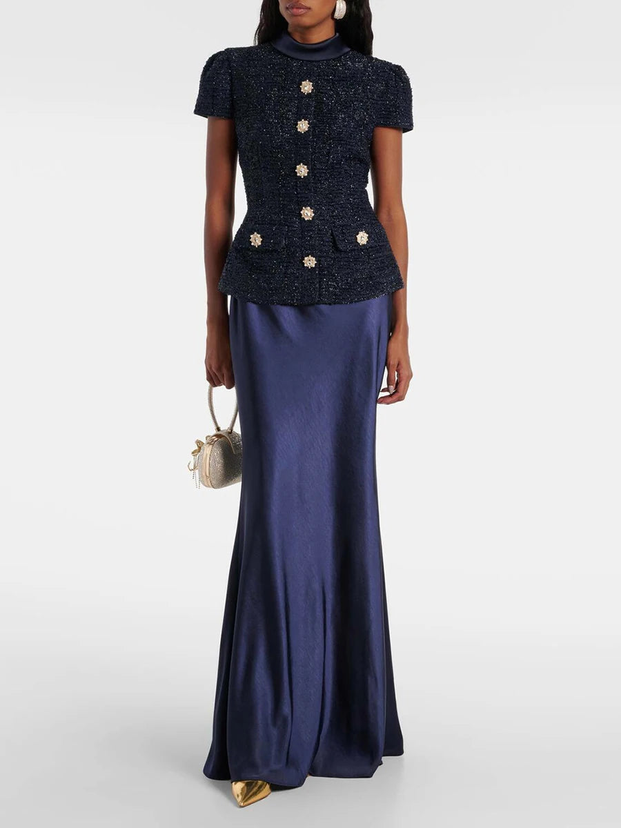VGH Chic Two Piece Sets for Women Stand Collar Short Sleeves Spliced Pocket Tweed Top High Waist Maxi Skirts Vintage Suit Female