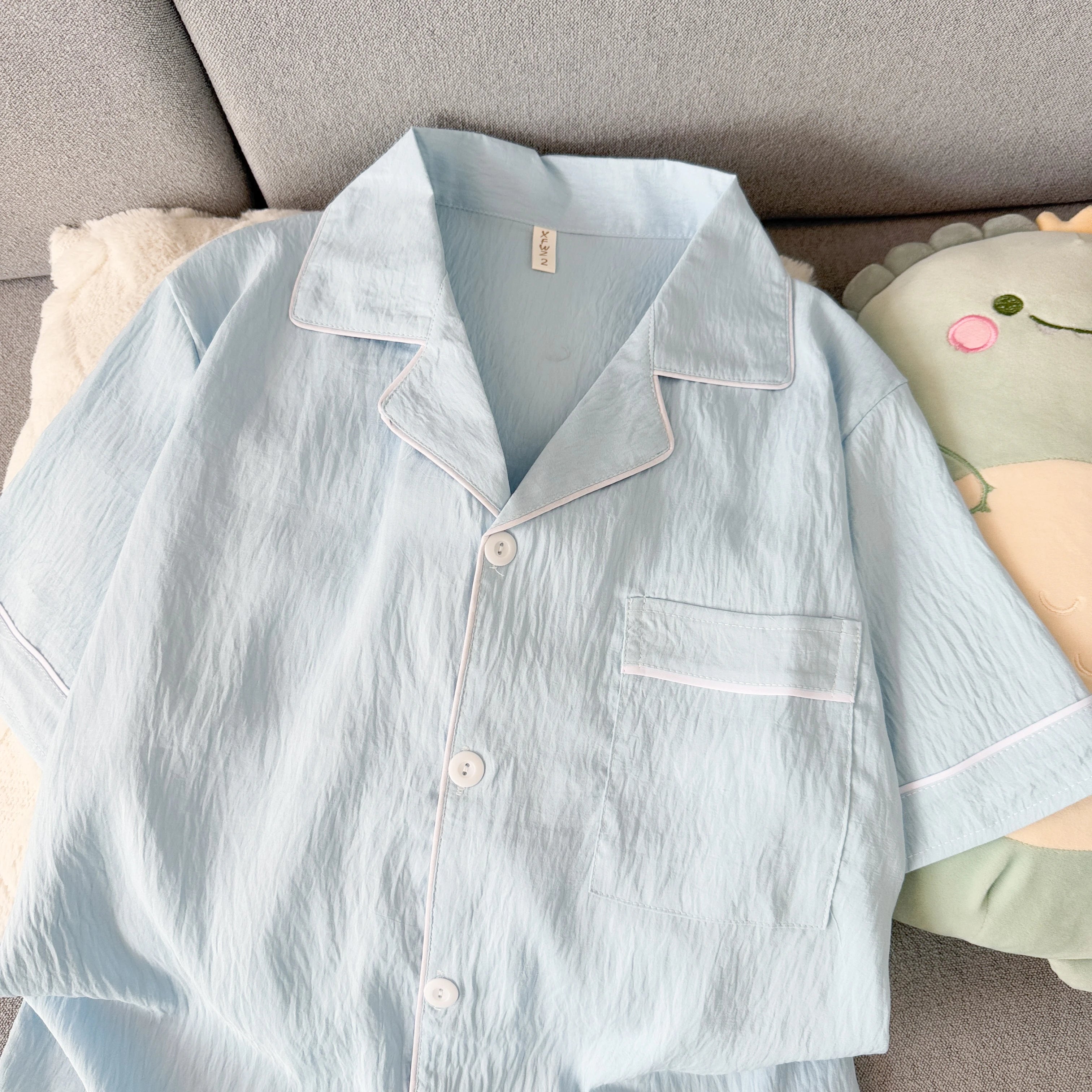 Youth Men's Slim Fit New Pajama Set Solid Color Short Sleeve Lapel Top and Elastic Shorts Pajamas Summer Loungewear Sleepwear