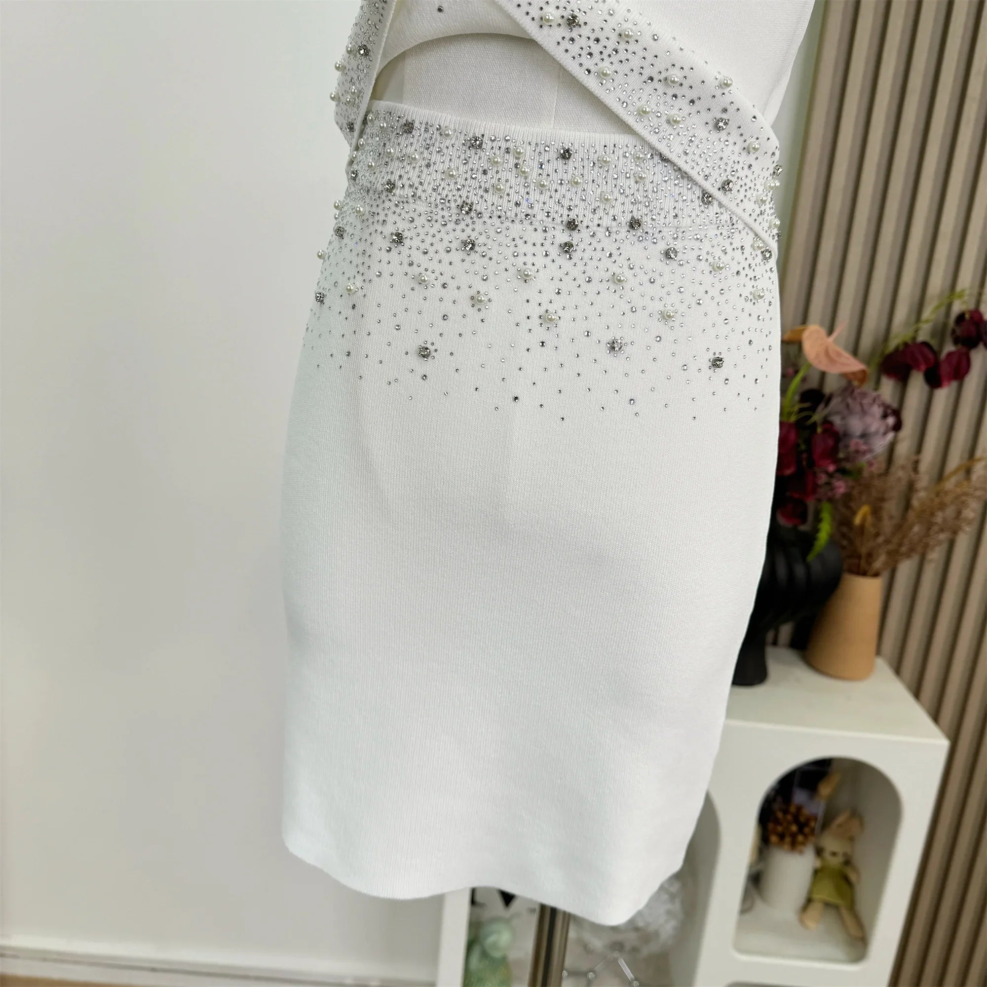 Womem Nail Bead Top + Short Skirt Two Piece Outfit Ensemble Femme High Quality French Luxury Diamonds Knitted 2 Piece Set