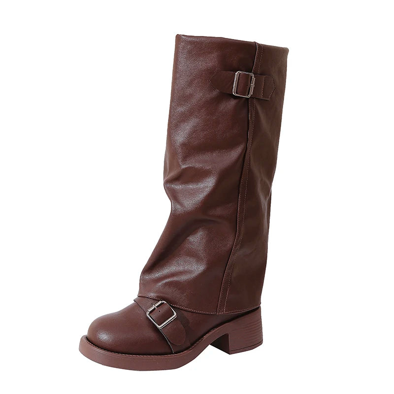 Vintage Thick Heel Women Knee High Boots Fashion Ladies Belt Buckle Knight Long Booties Botas De Inverno Feminina