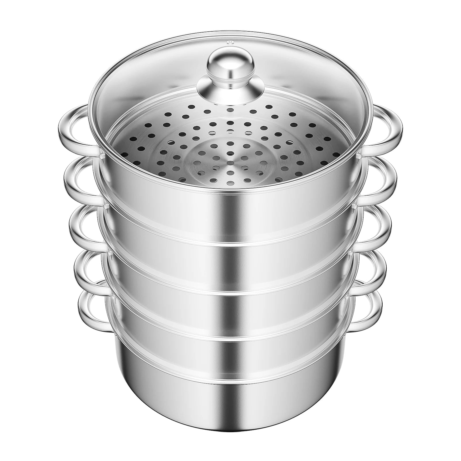 5-Layer Steamer 26cm/28cm/30cm Steam Cooker 304 Food-Grade Stainless Steel 4 Steaming Grids and 1 Cooking Pot W/ Glass Lid