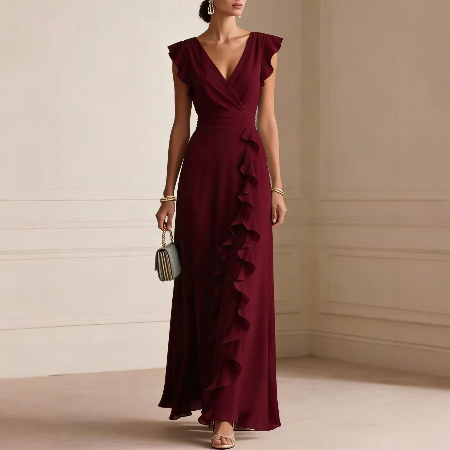 Ruffled Short V-Neck Long Dress Umbrella Skirt Feifei Sleeve For Womem