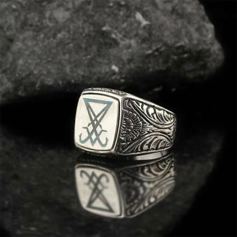 Vintage Gothic Lucifer Seal of Satan Signet Rings Punk Stainless Steel Seal Rings With Black Stone Pagan Jewelry Party Man Gift