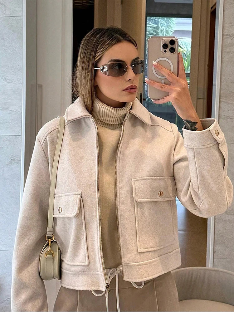 SLTNX Women's Zipper Jacket Coat New Winter Long Sleeve Pocket Outerwear Coat Short Street Elegant Women's Jacket