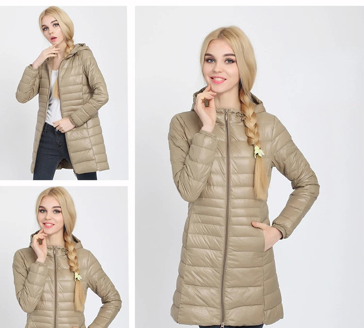 Women Long Warm Light Down Jacket Ladies Fashion Hooded with Portable Storage Bag Puffer Coats Women's Overcoats Hip-Length Coat