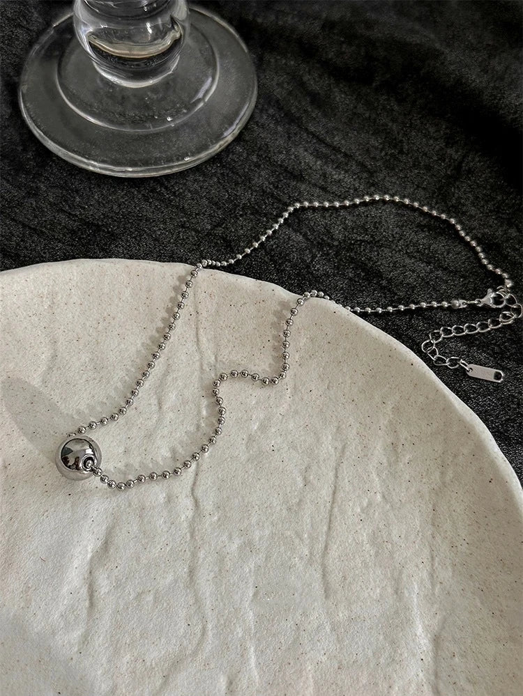 LATS Personality Stainless Steel Beaded Ball Pendant Necklace for Women Silver Color Double Layer Hip Hop Rock Chokers Jewelry